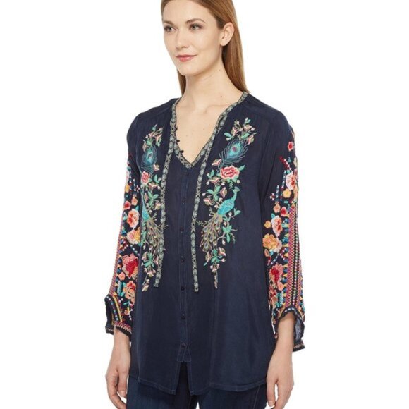 Johnny Was Pink and Green Embellished Blouse with 3/4 Sleeves - Picture 2 of 8